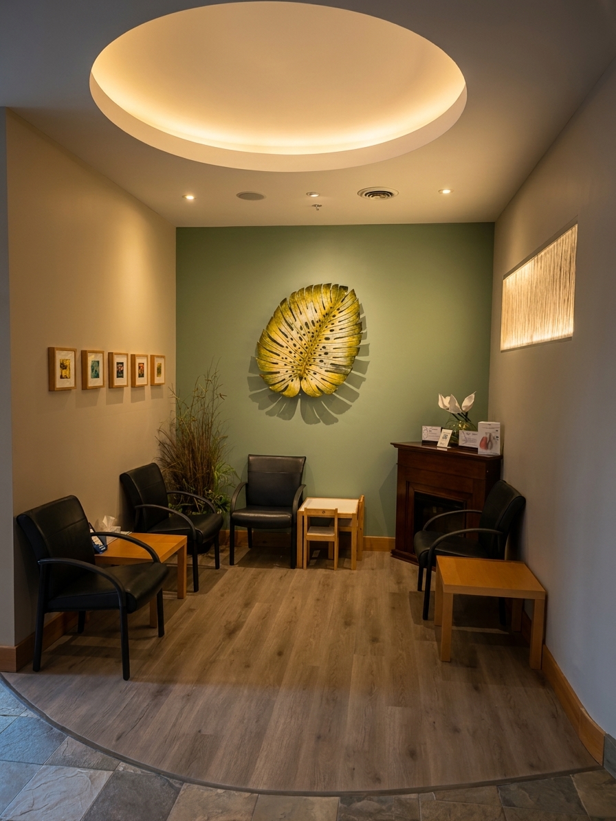 The waiting room at Auburn Centre Dental, with black chairs, a green accent wall, and a warm circular ceiling light.
