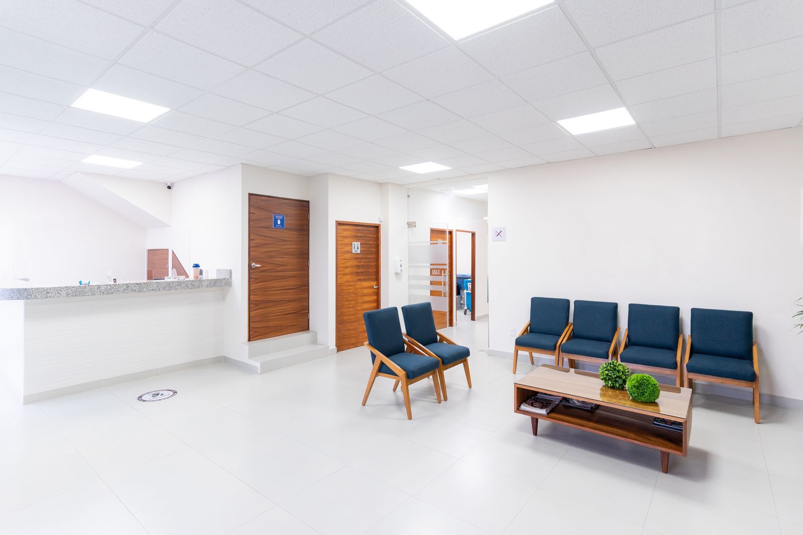 A bright, empty clinic waiting room with upholstered chairs and a reception counter.