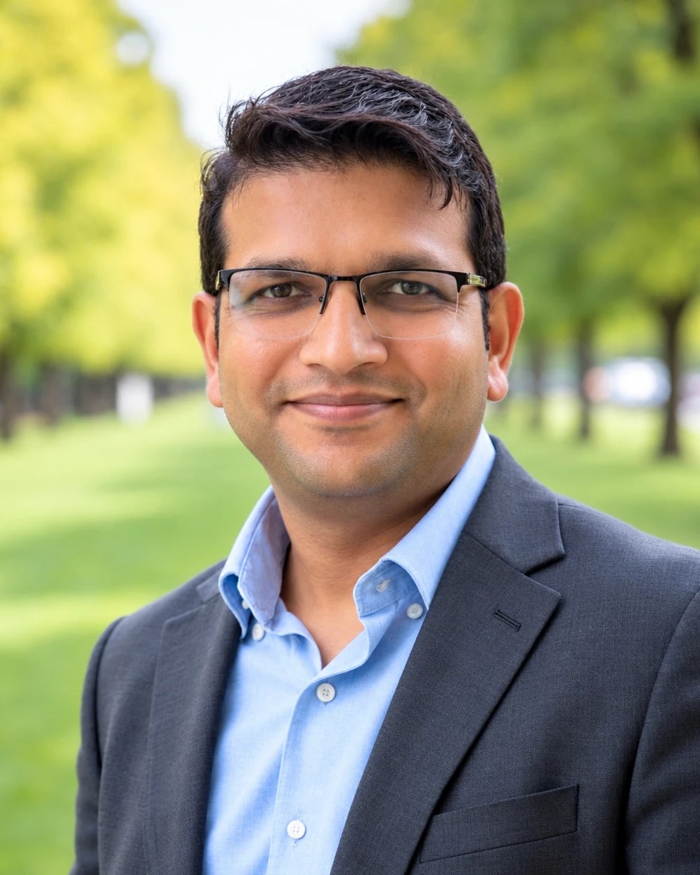 Dr. Chetan Bansal, smiling, in glasses, a charcoal blazer and light blue shirt, outdoors with trees behind him.